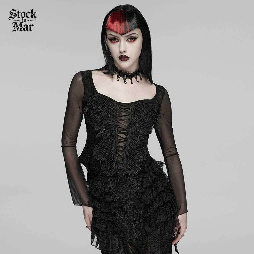 PUNK RAVE Women's Gothic Embroidered Lace-up Long Sleeved Top