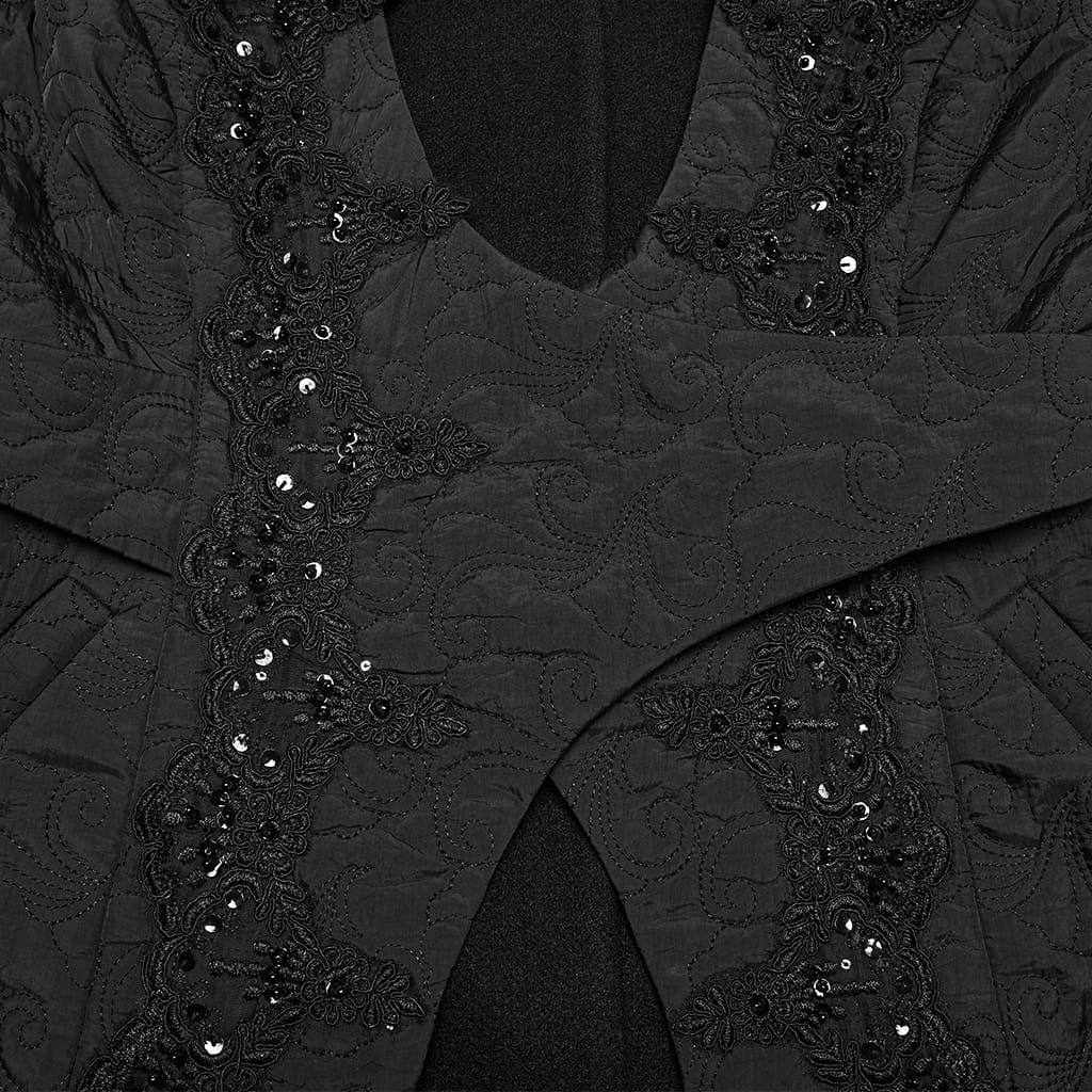 PUNK RAVE Women's Gothic Embroidered Stand Collar Asymmetric Long Jacket
