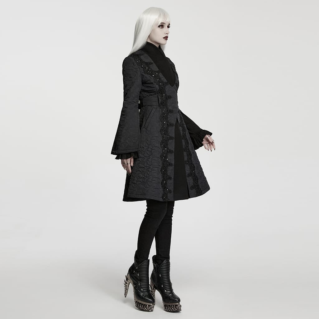 PUNK RAVE Women's Gothic Embroidered Stand Collar Asymmetric Long Jacket