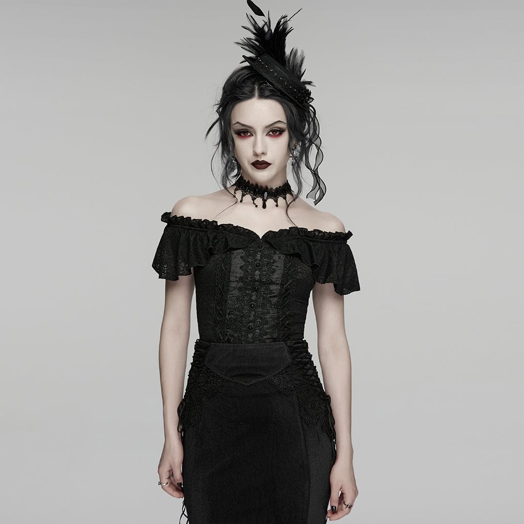 PUNK RAVE Women's Gothic Falbala Off Shoulder Short Sleeved Top