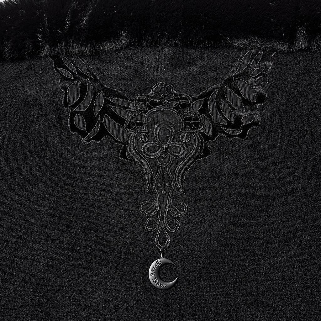 PUNK RAVE Women's Gothic Faux Fur Embroidered Witchy Cloak