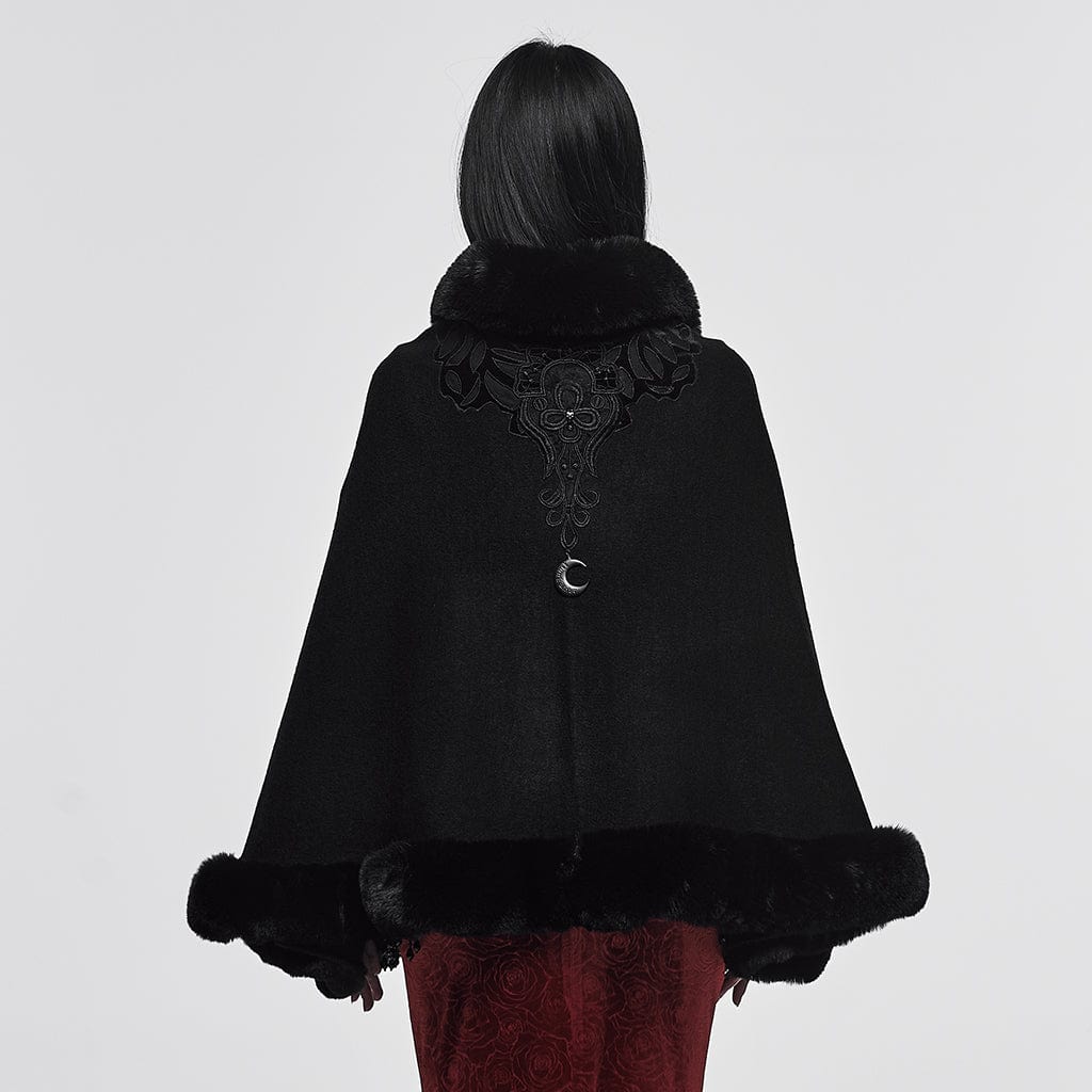 PUNK RAVE Women's Gothic Faux Fur Embroidered Witchy Cloak