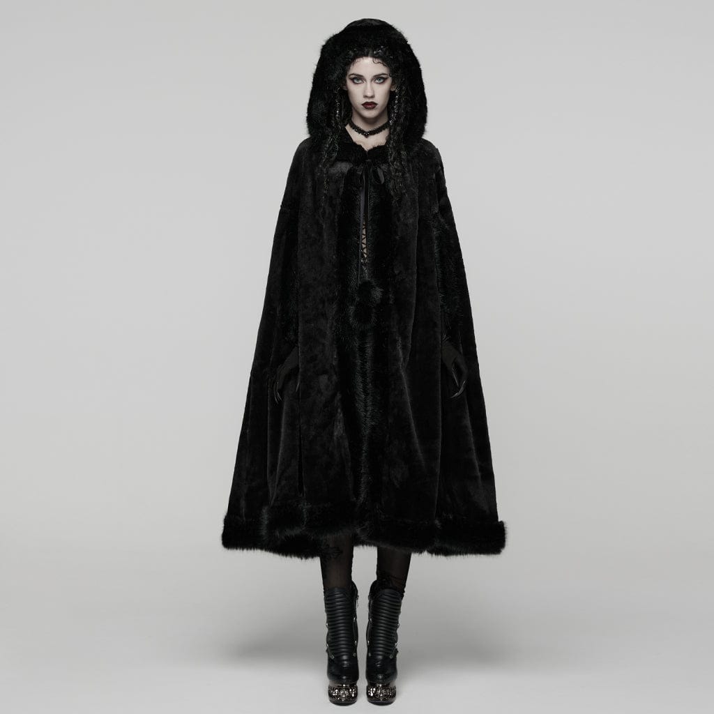 PUNK RAVE Women's Gothic Faux Fur Splice Hooded Cloak Black