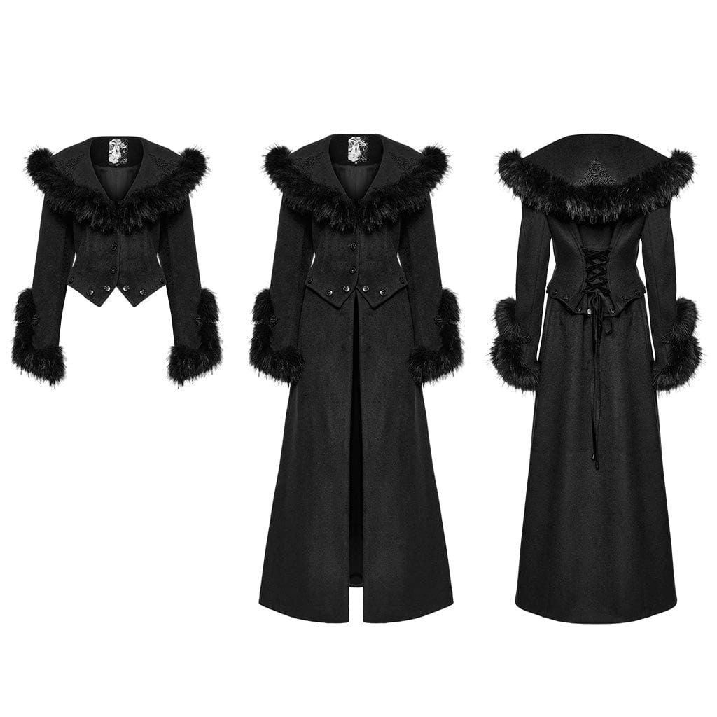 PUNK RAVE Women's Gothic Faux Fur Splice Lace-up Detachable Coat Black