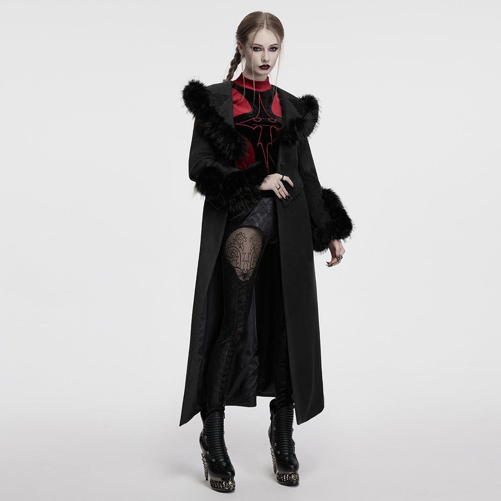 PUNK RAVE Women's Gothic Faux Fur Splice Lace-up Detachable Coat Black