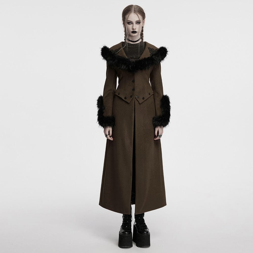 PUNK RAVE Women's Gothic Faux Fur Splice Lace-up Detachable Coat Coffee