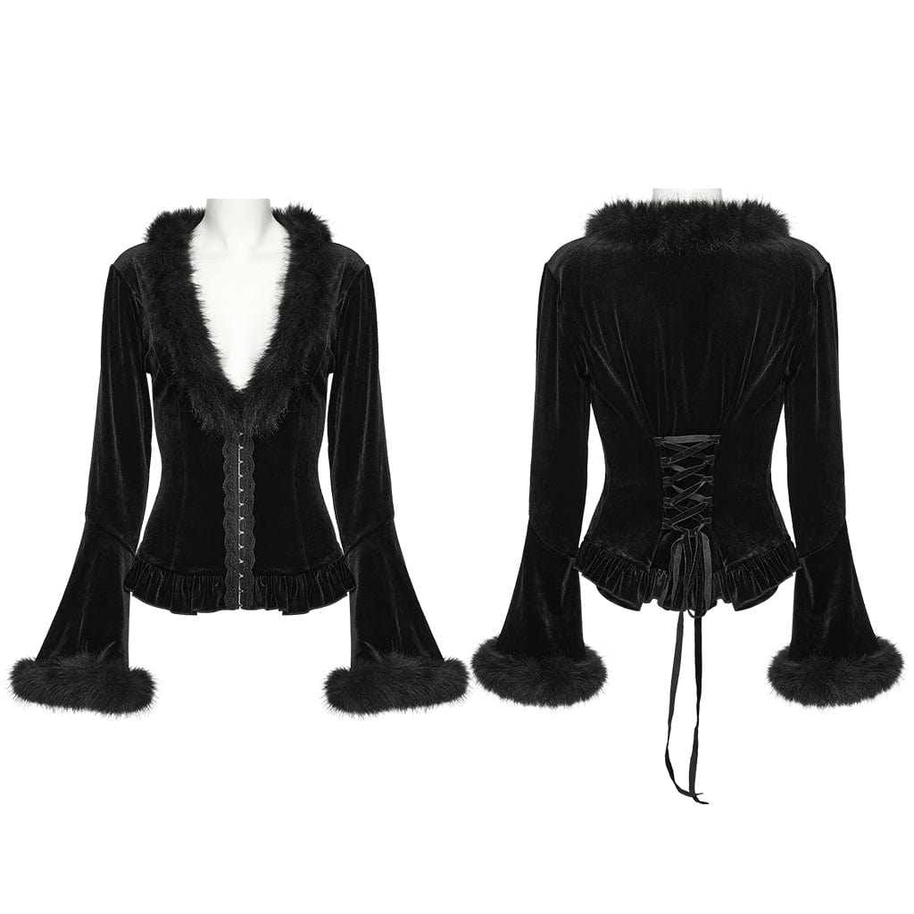 PUNK RAVE Women's Gothic Faux Fur Splice V-neck Lace-up Cardigan