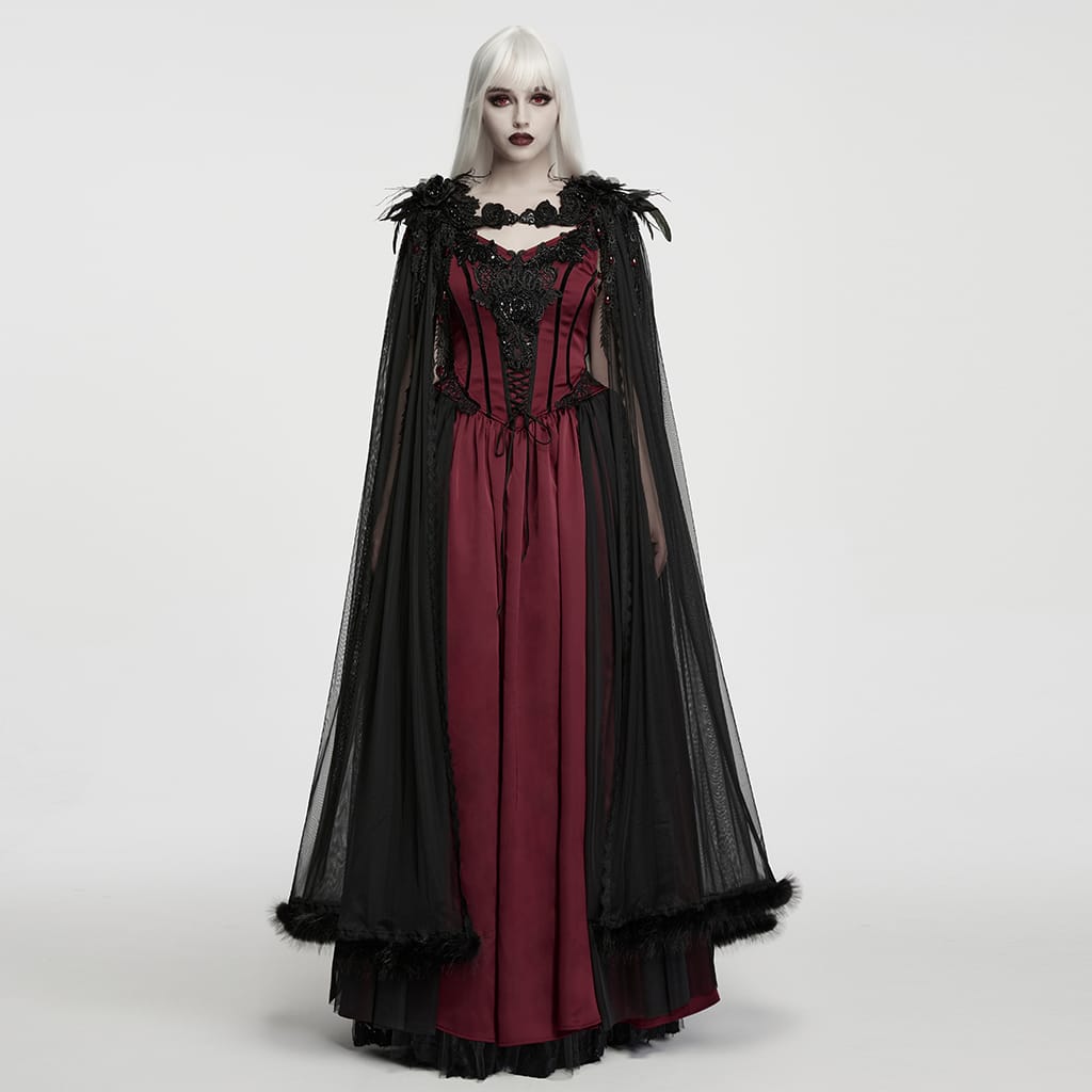 PUNK RAVE Women's Gothic Feather Beaded Applique Mesh Cloak
