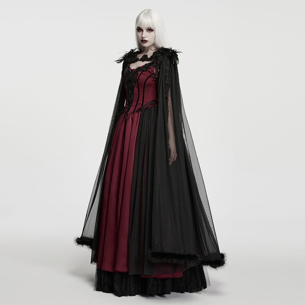 PUNK RAVE Women's Gothic Feather Beaded Applique Mesh Cloak