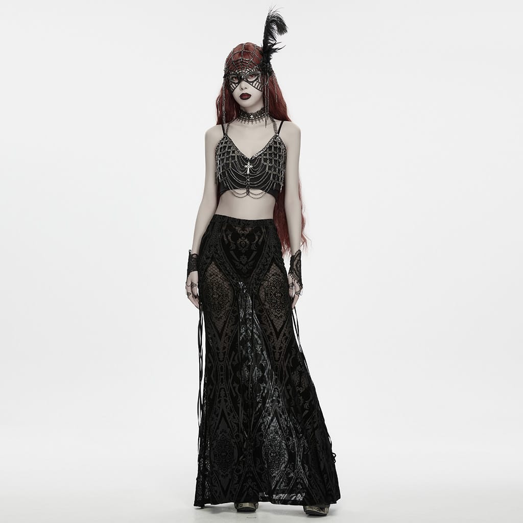 PUNK RAVE Women's Gothic Feather Chain Cobweb Masquerade Mask Black