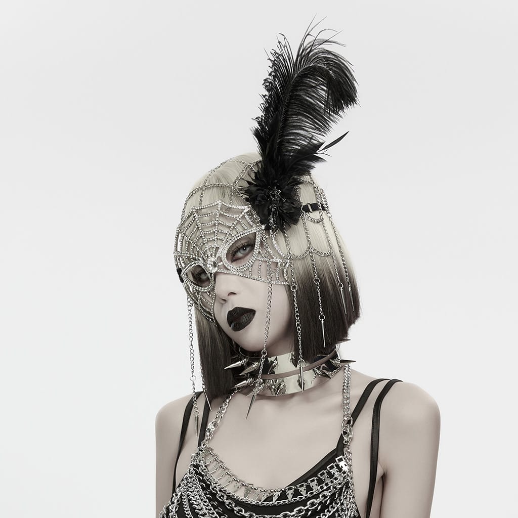 PUNK RAVE Women's Gothic Feather Chain Cobweb Masquerade Mask Silver