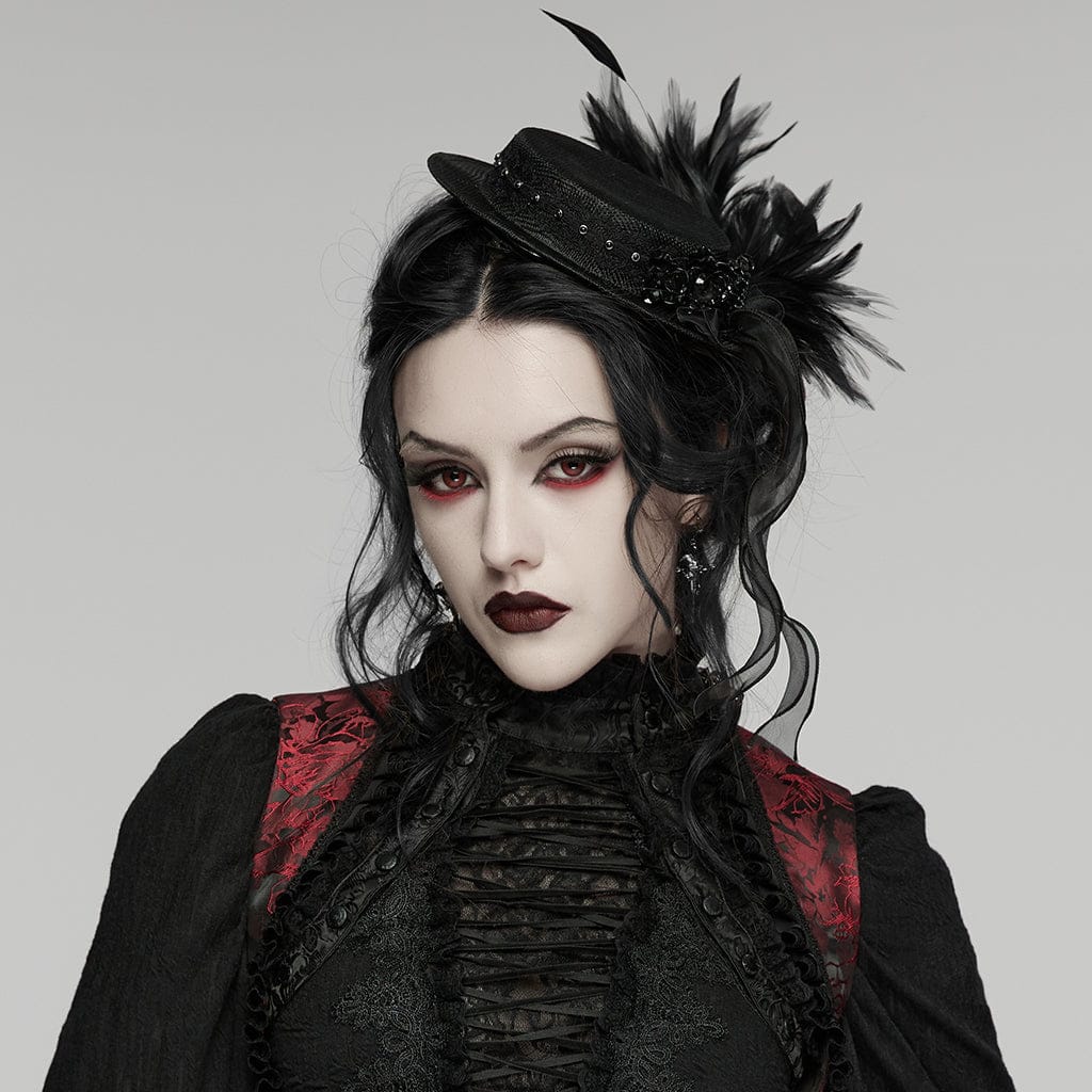 PUNK RAVE Women's Gothic Feather Ribbon Hat