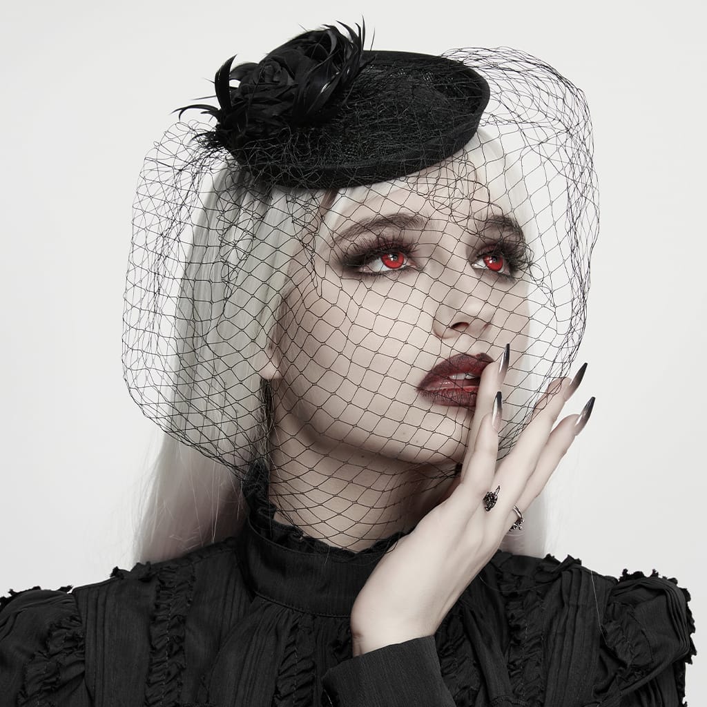 PUNK RAVE Women's Gothic Feather Rose Birdcage Veil Fascinator Hat Black