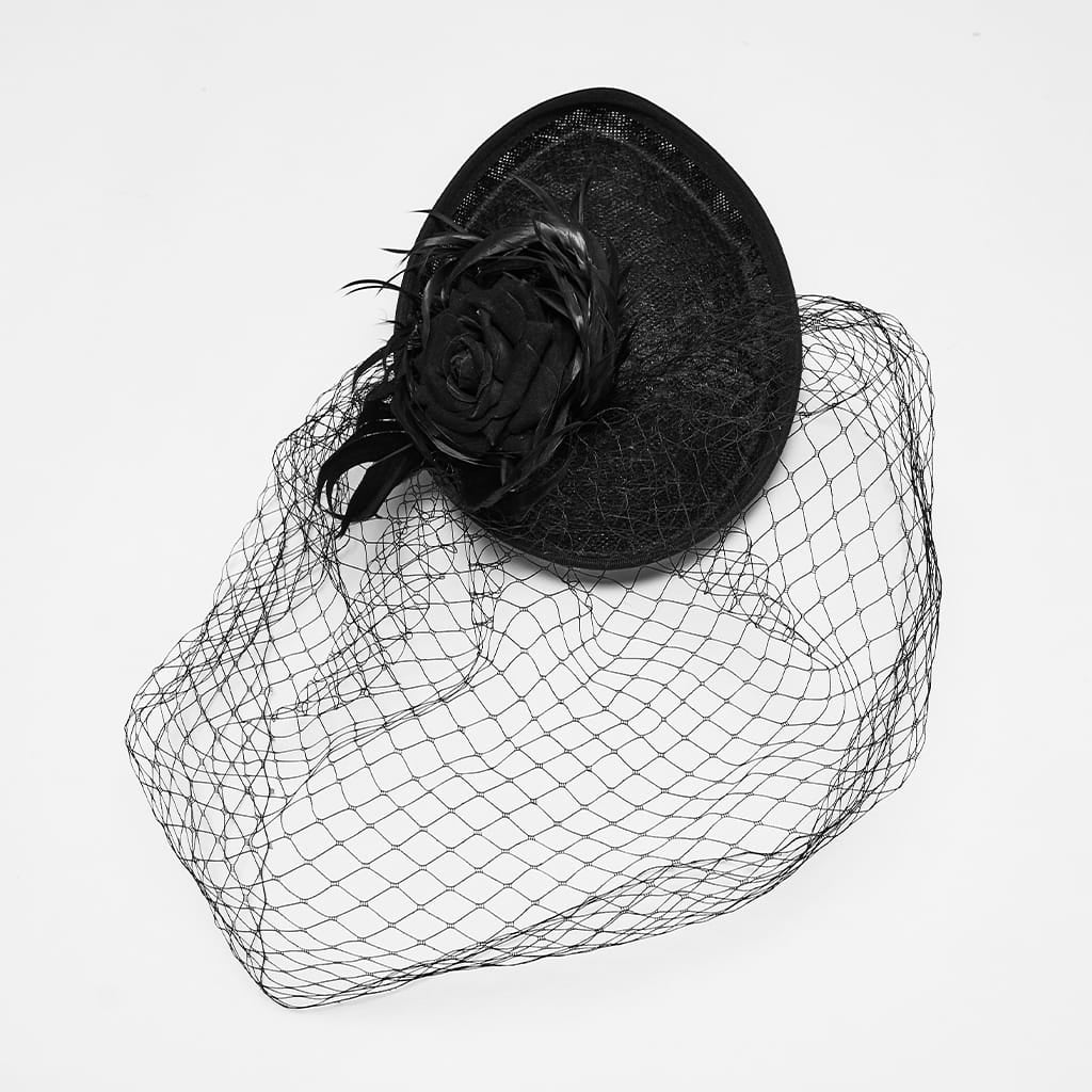 PUNK RAVE Women's Gothic Feather Rose Birdcage Veil Fascinator Hat Black