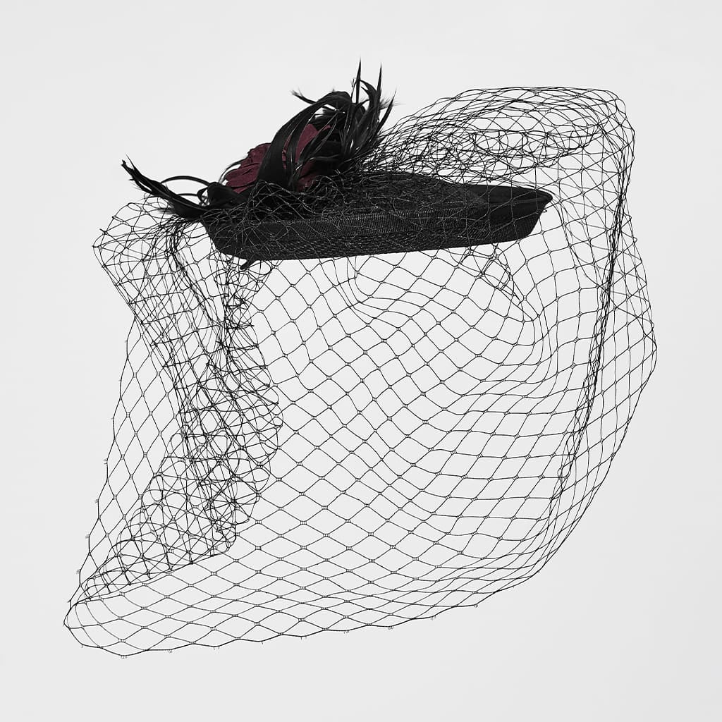 PUNK RAVE Women's Gothic Feather Rose Birdcage Veil Fascinator Hat Black-Red
