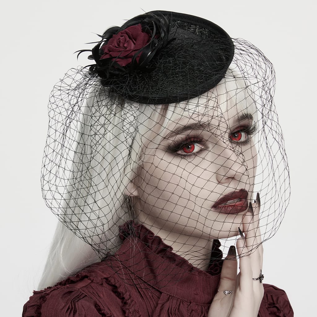 PUNK RAVE Women's Gothic Feather Rose Birdcage Veil Fascinator Hat Black-Red
