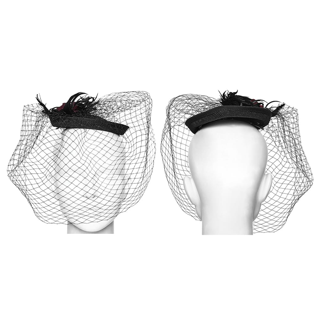 PUNK RAVE Women's Gothic Feather Rose Birdcage Veil Fascinator Hat Black-Red