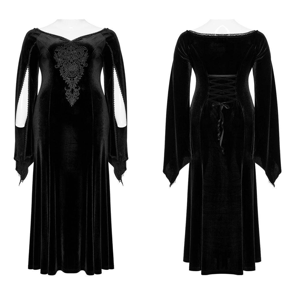 PUNK RAVE Women's Gothic Flared Sleeved Floral Embroidered Velvet Dress