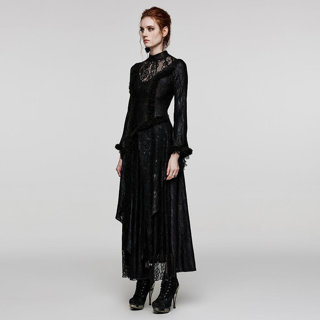 PUNK RAVE Women's Gothic Flared Sleeved Mesh Splice Lace Dress