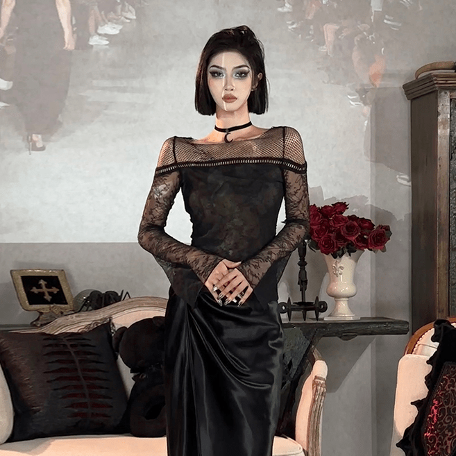 PUNK RAVE Women's Gothic Flared Sleeved Mesh Splice Lace Shirt