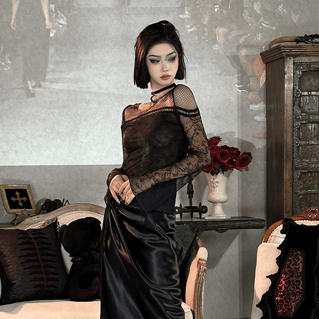 PUNK RAVE Women's Gothic Flared Sleeved Mesh Splice Lace Shirt
