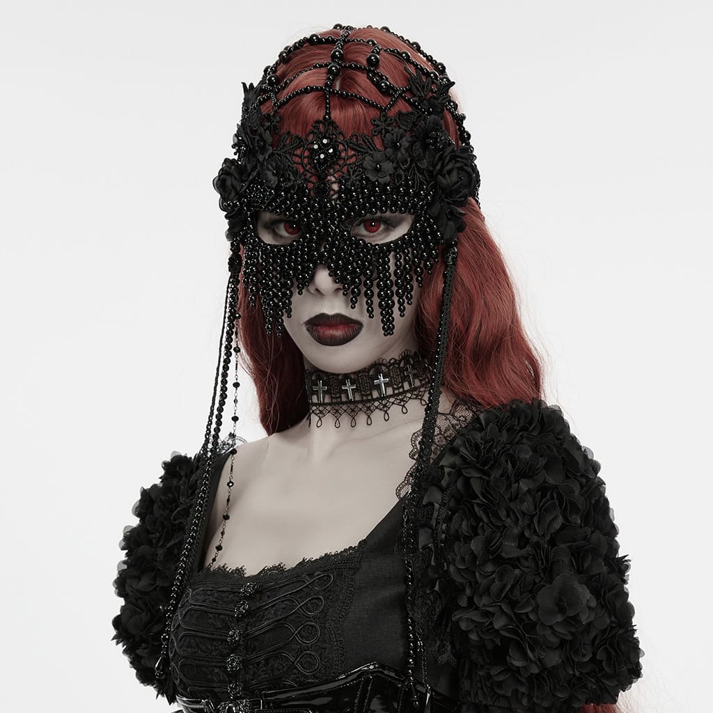 PUNK RAVE Women's Gothic Floral Beaded Chain Mask