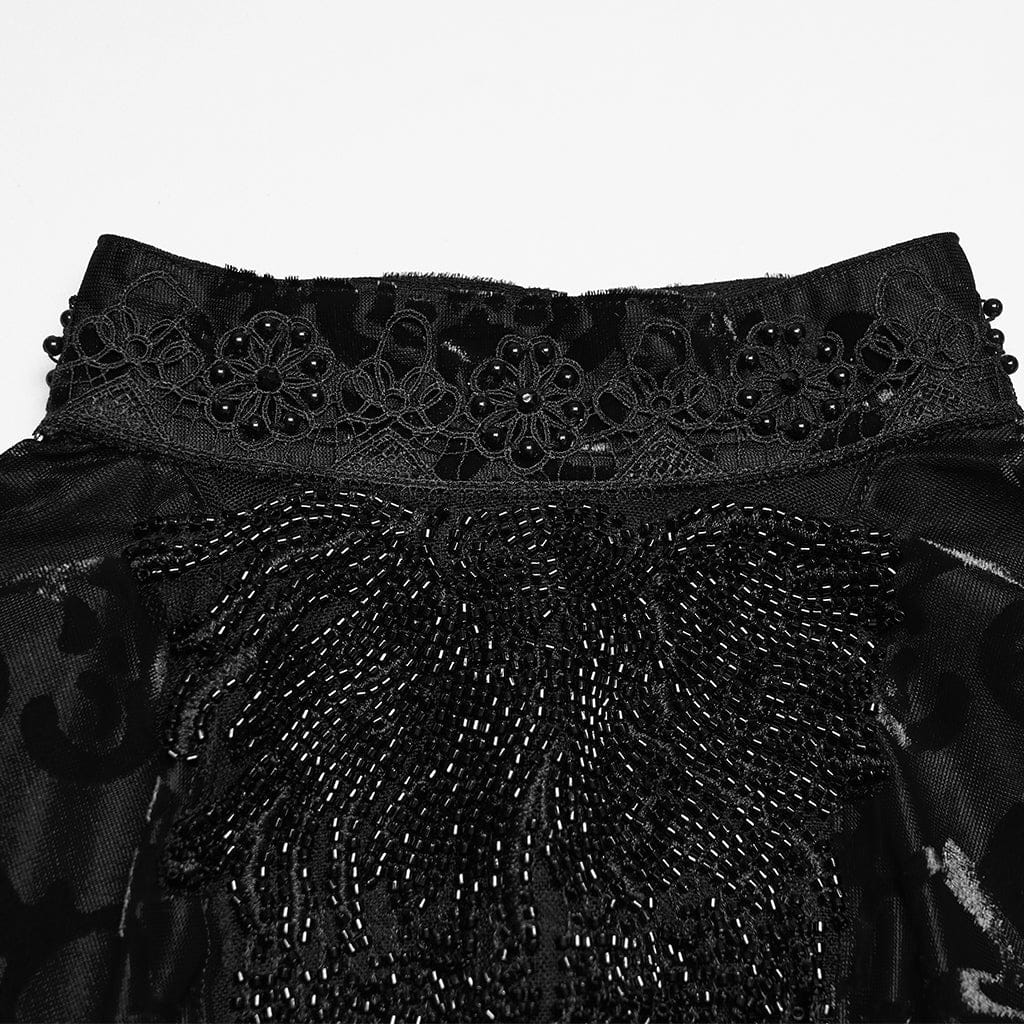 PUNK RAVE Women's Gothic Floral Beaded Flared Sleeved Top