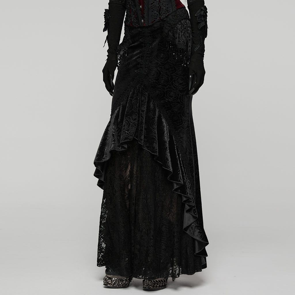 PUNK RAVE Women's Gothic Floral Beaded Irregular Hem Fishtail Skirt Black