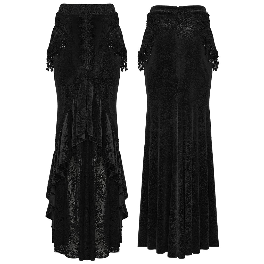 PUNK RAVE Women's Gothic Floral Beaded Irregular Hem Fishtail Skirt Black