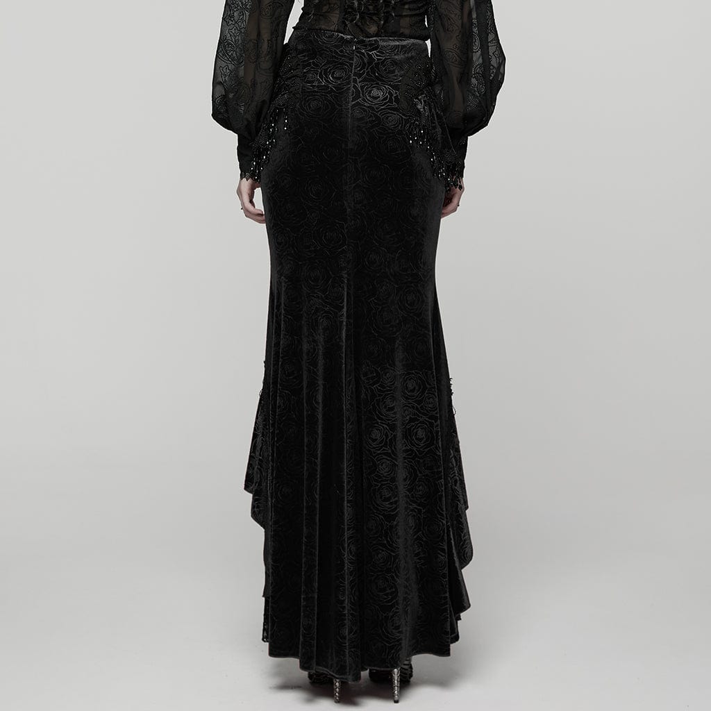 PUNK RAVE Women's Gothic Floral Beaded Irregular Hem Fishtail Skirt Black