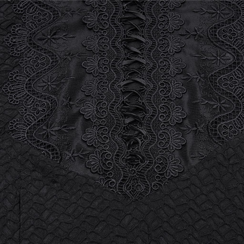 PUNK RAVE Women's Gothic Floral Crochet Plunging Off-shoulder Lantern Sleeved Dress