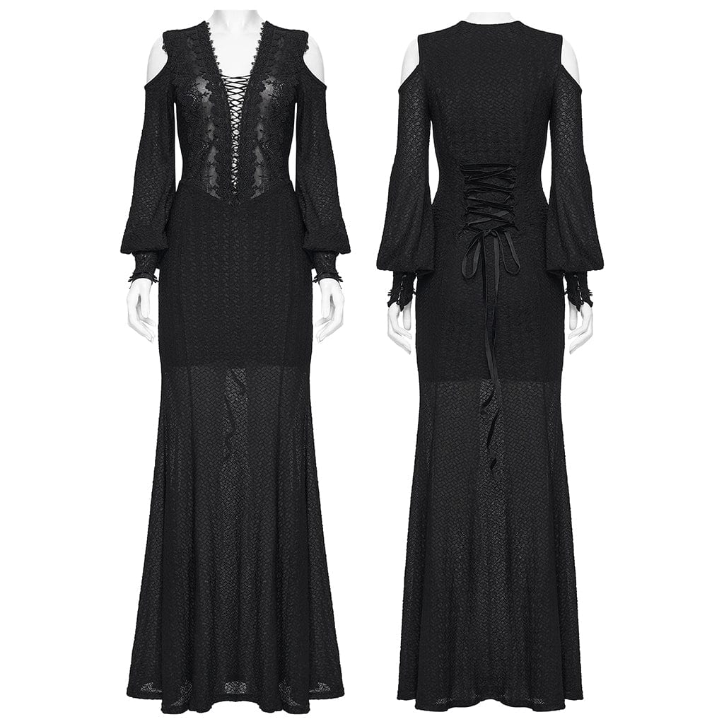 PUNK RAVE Women's Gothic Floral Crochet Plunging Off-shoulder Lantern Sleeved Dress