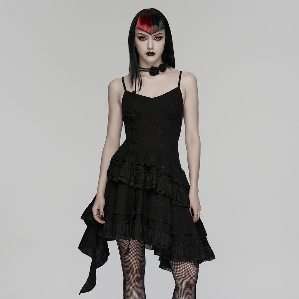 PUNK RAVE Women's Gothic Floral Embroidered Asymmetric Slip Dress Graduation Dress