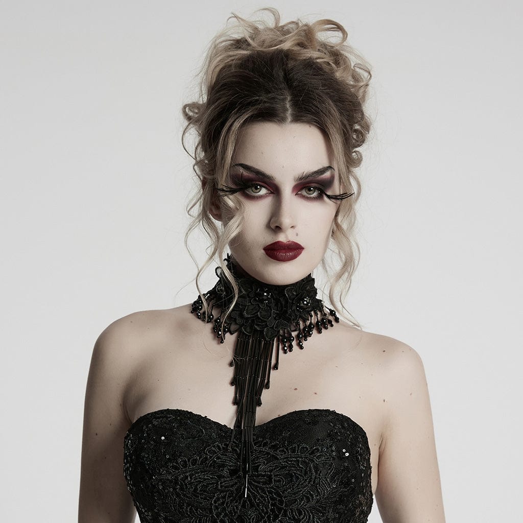 PUNK RAVE Women's Gothic Floral Embroidered Beaded Tassel Necklace
