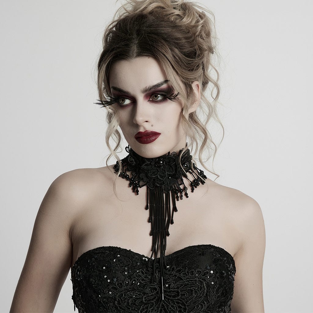 PUNK RAVE Women's Gothic Floral Embroidered Beaded Tassel Necklace