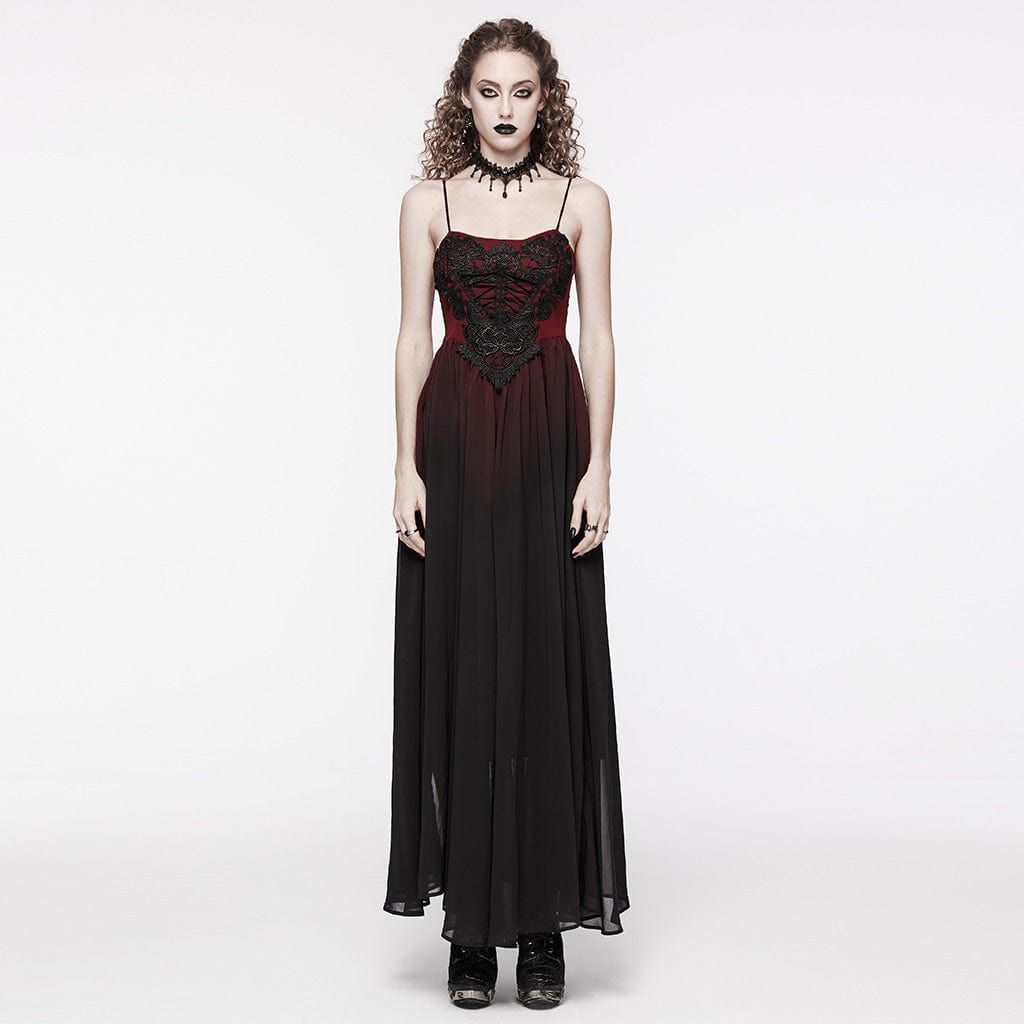 PUNK RAVE Women's Gothic Floral Embroidered Color Gradient Slip Dress