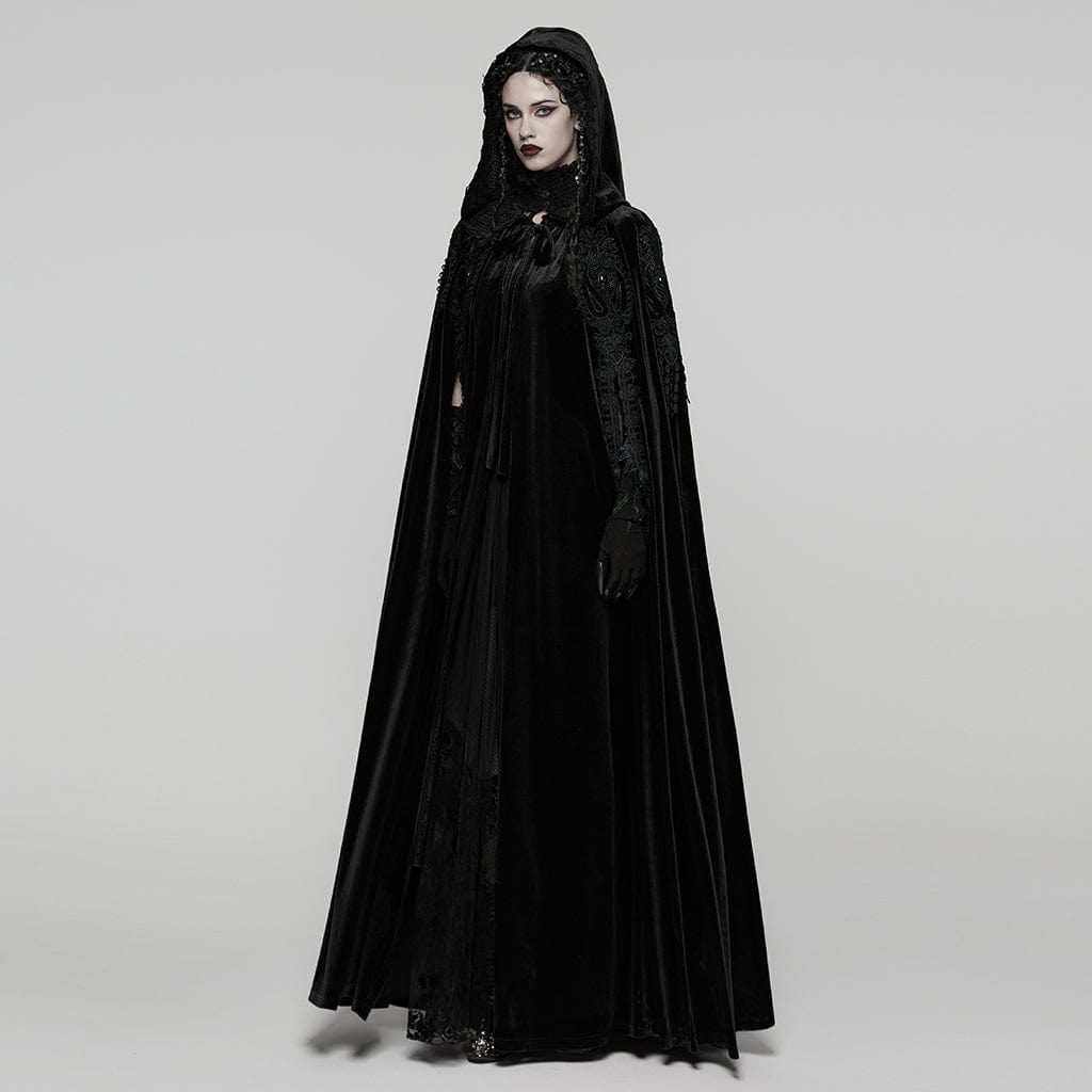 PUNK RAVE Women's Gothic Floral Embroidered Diamante Velvet Cloak Black