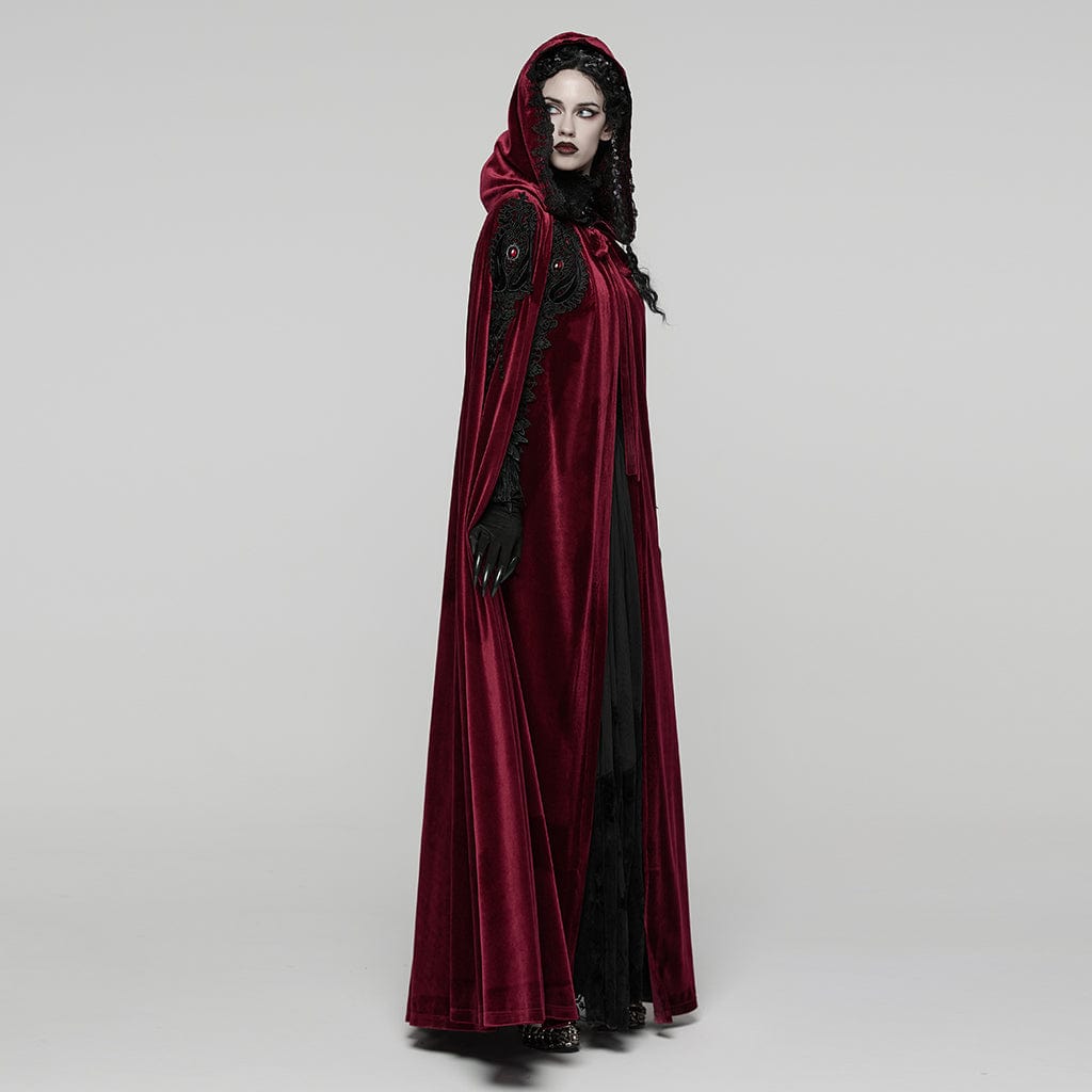 PUNK RAVE Women's Gothic Floral Embroidered Diamante Velvet Cloak Red