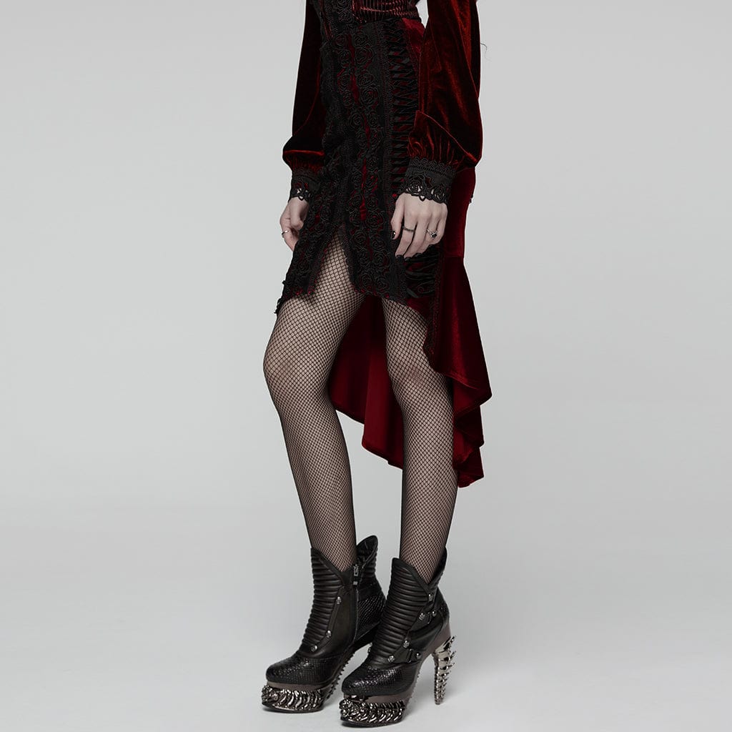 PUNK RAVE Women's Gothic Floral Embroidered Irregular Fishtail Skirt Red