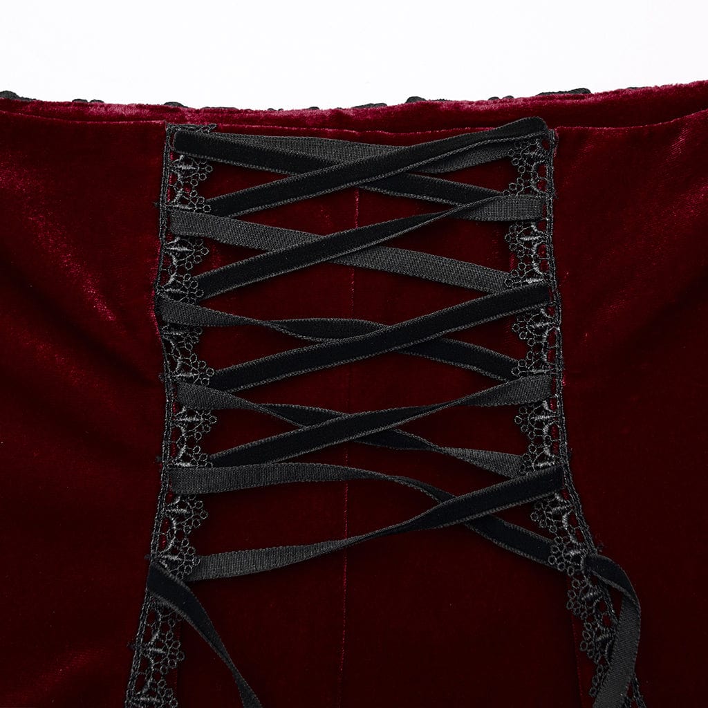 PUNK RAVE Women's Gothic Floral Embroidered Irregular Fishtail Skirt Red