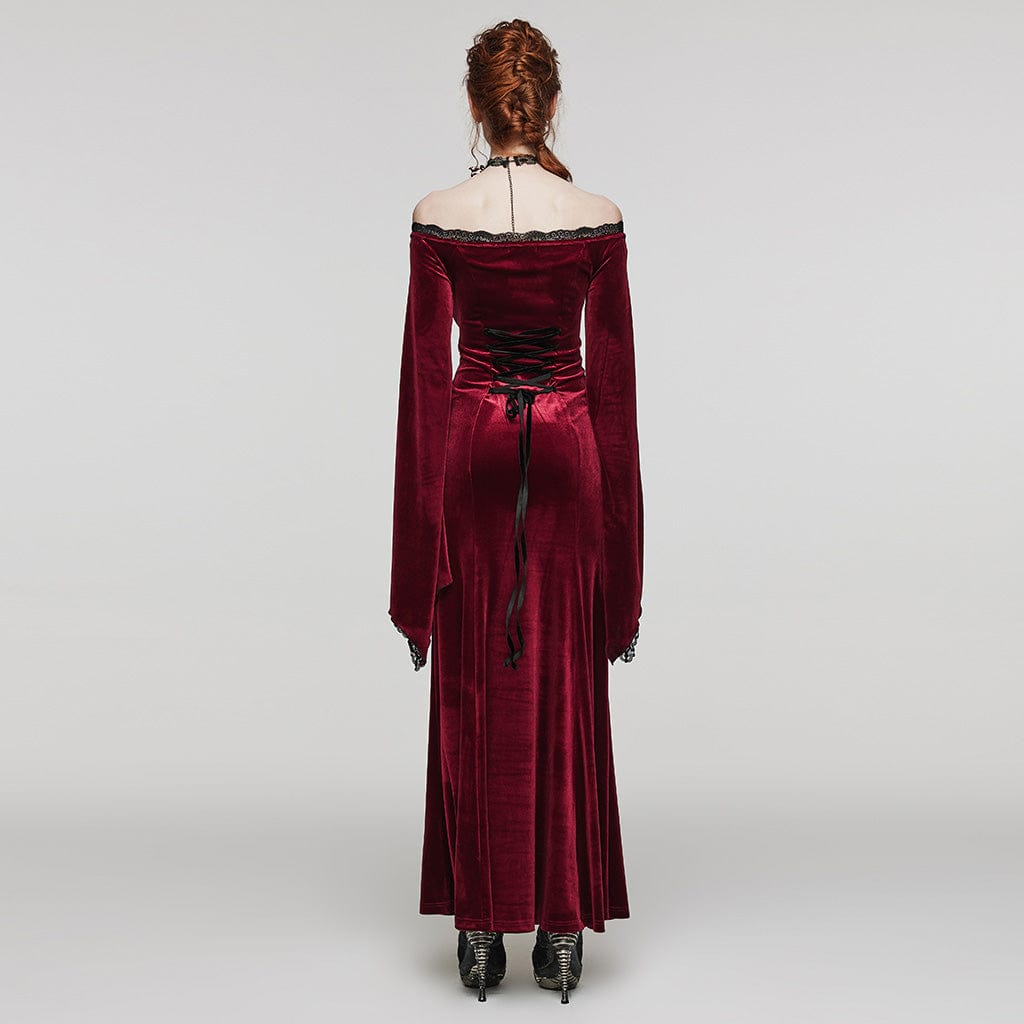 PUNK RAVE Women's Gothic Floral Embroidered Lace Splice Velvet Dress