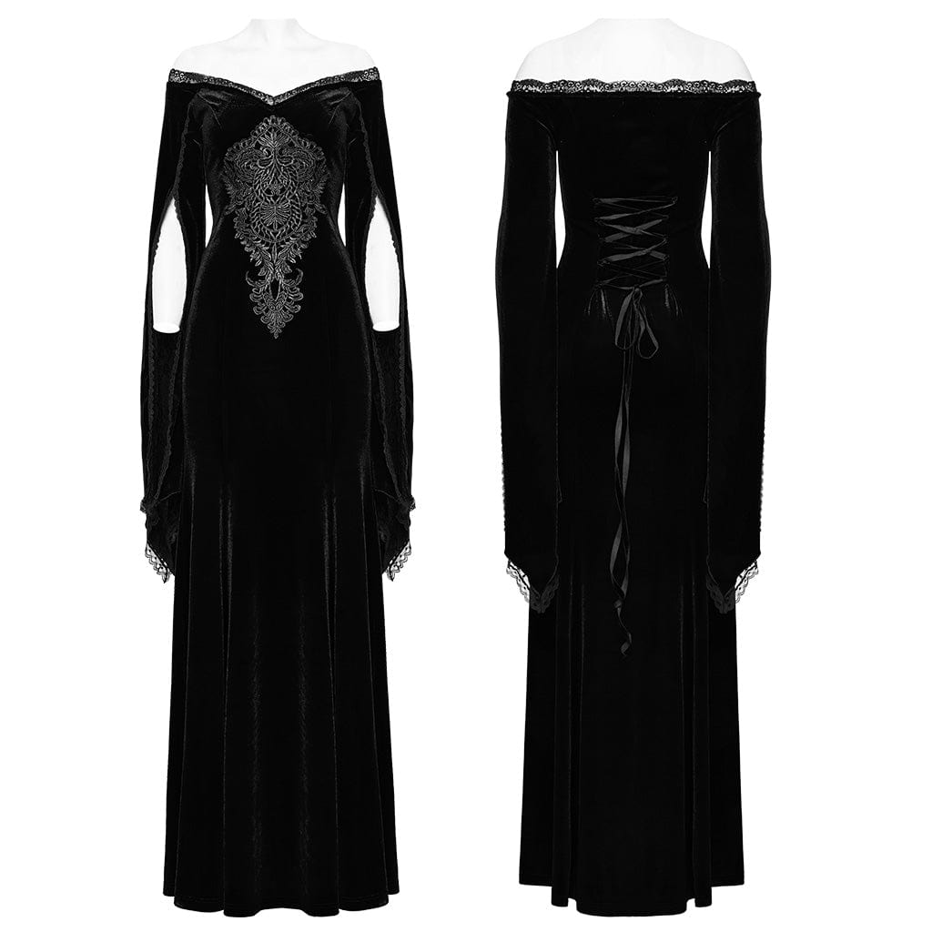 PUNK RAVE Women's Gothic Floral Embroidered Lace Splice Velvet Dress