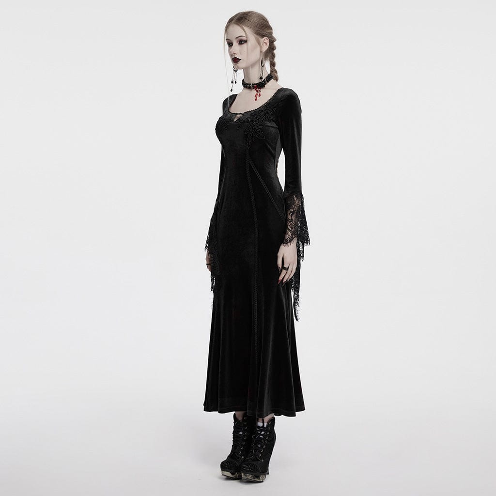 PUNK RAVE Women's Gothic Floral Embroidered Lace Splice Velvet Gown Dress Black