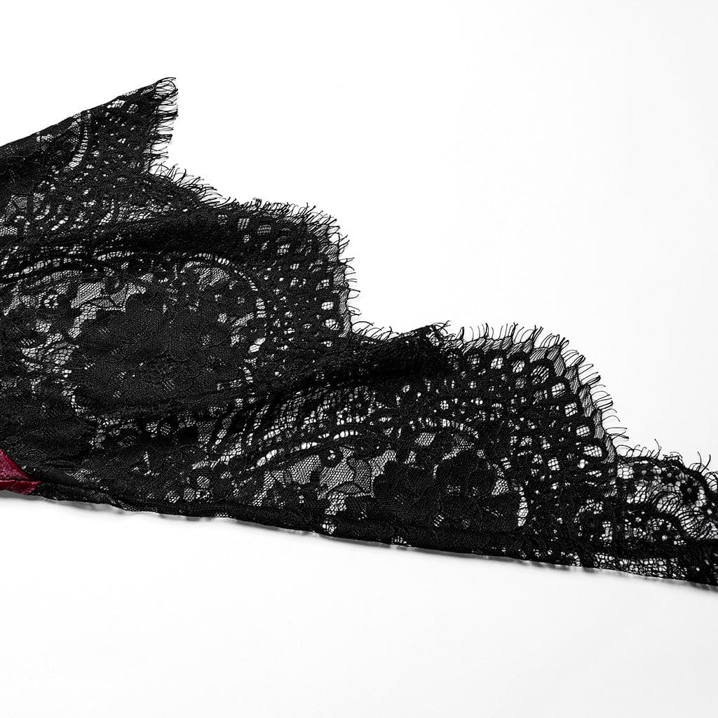 PUNK RAVE Women's Gothic Floral Embroidered Lace Splice Velvet Gown Dress Red