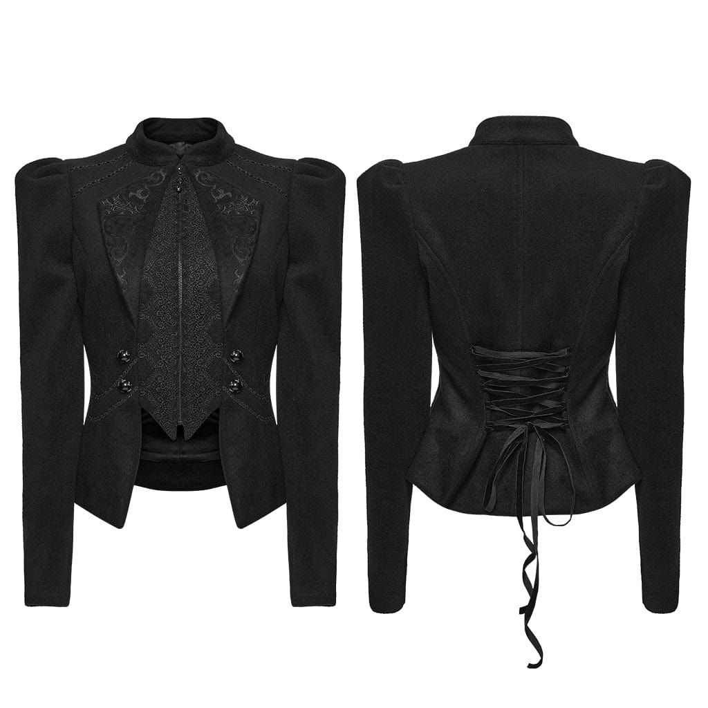 PUNK RAVE Women's Gothic Floral Embroidered Lace-up Jacket Black