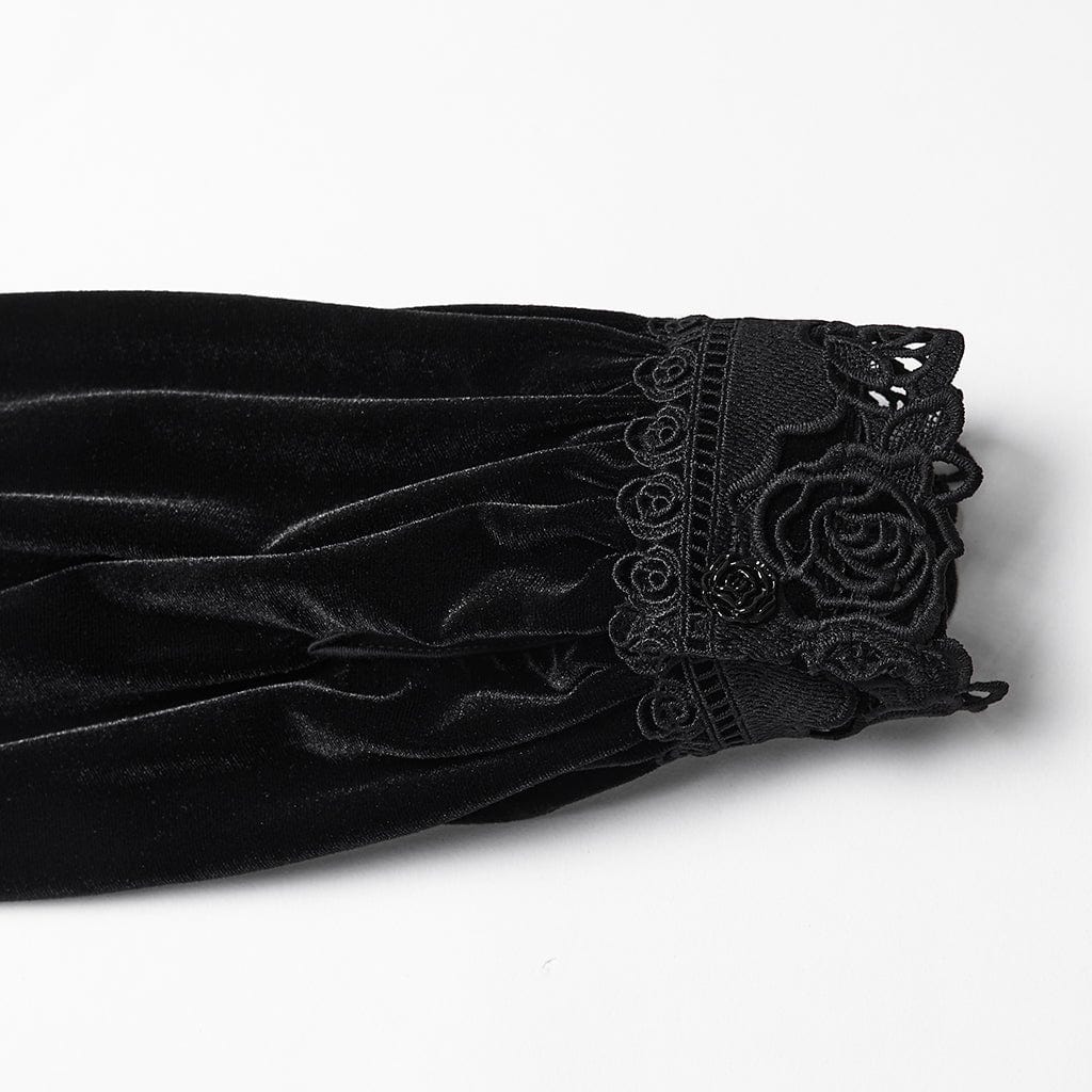 PUNK RAVE Women's Gothic Floral Embroidered Lace-up Puff Sleeved Shirt Black