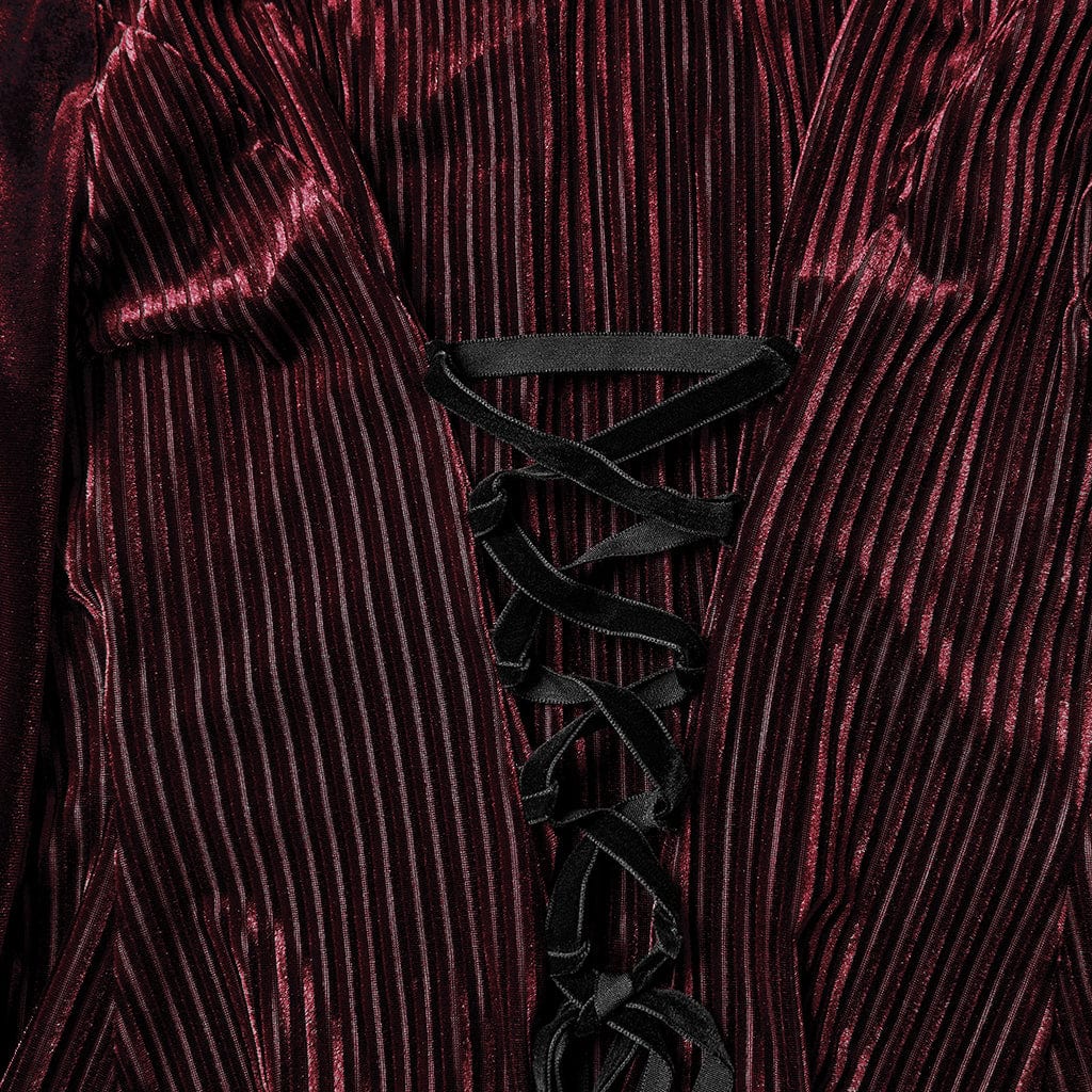 PUNK RAVE Women's Gothic Floral Embroidered Lace-up Puff Sleeved Shirt Red