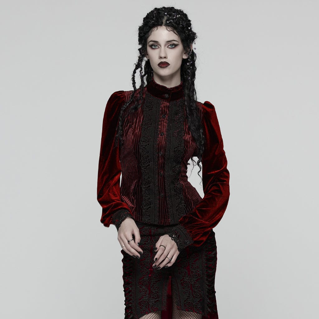PUNK RAVE Women's Gothic Floral Embroidered Lace-up Puff Sleeved Shirt Red