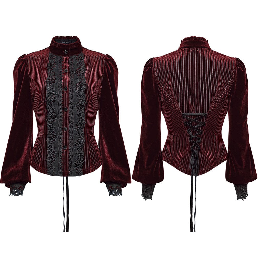 PUNK RAVE Women's Gothic Floral Embroidered Lace-up Puff Sleeved Shirt Red