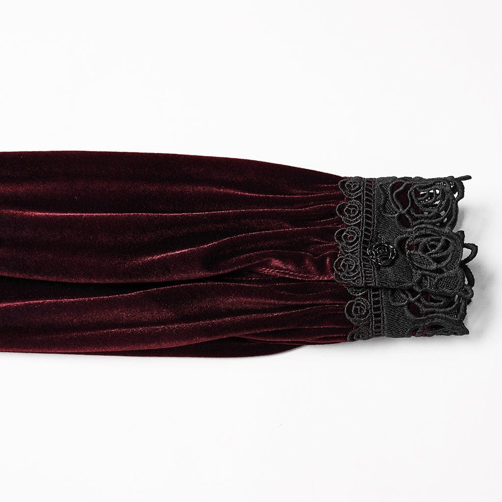 PUNK RAVE Women's Gothic Floral Embroidered Lace-up Puff Sleeved Shirt Red